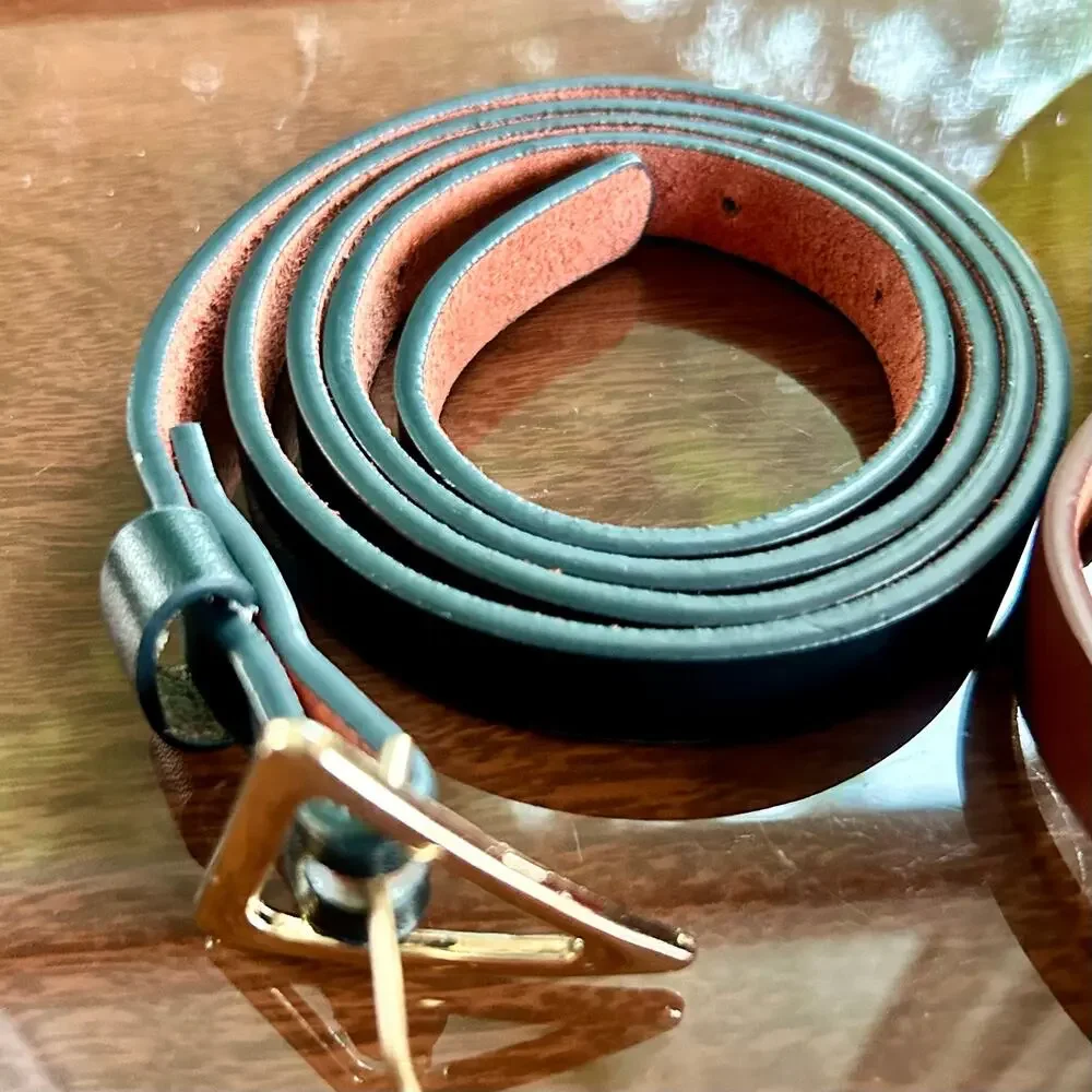 Set of 2 Skinny Belts – Brown & Black with Gold Triangle Buckles – 43” Length